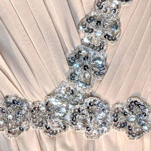 City Triangle Beige Shoulder Strapped Gown w/ Pleated Chest & Side Slit, 7 - Picture 9 of 12